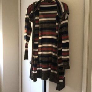 Long sleeve multi color cardigan wit a hood.